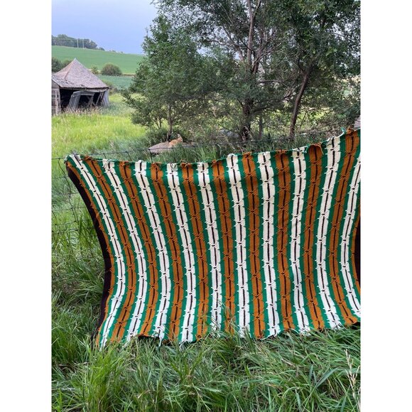 Vintage 1970s Crochet Afghan Blanket Green Brown & Cream Stripes  74x59 - Picture 14 of 14